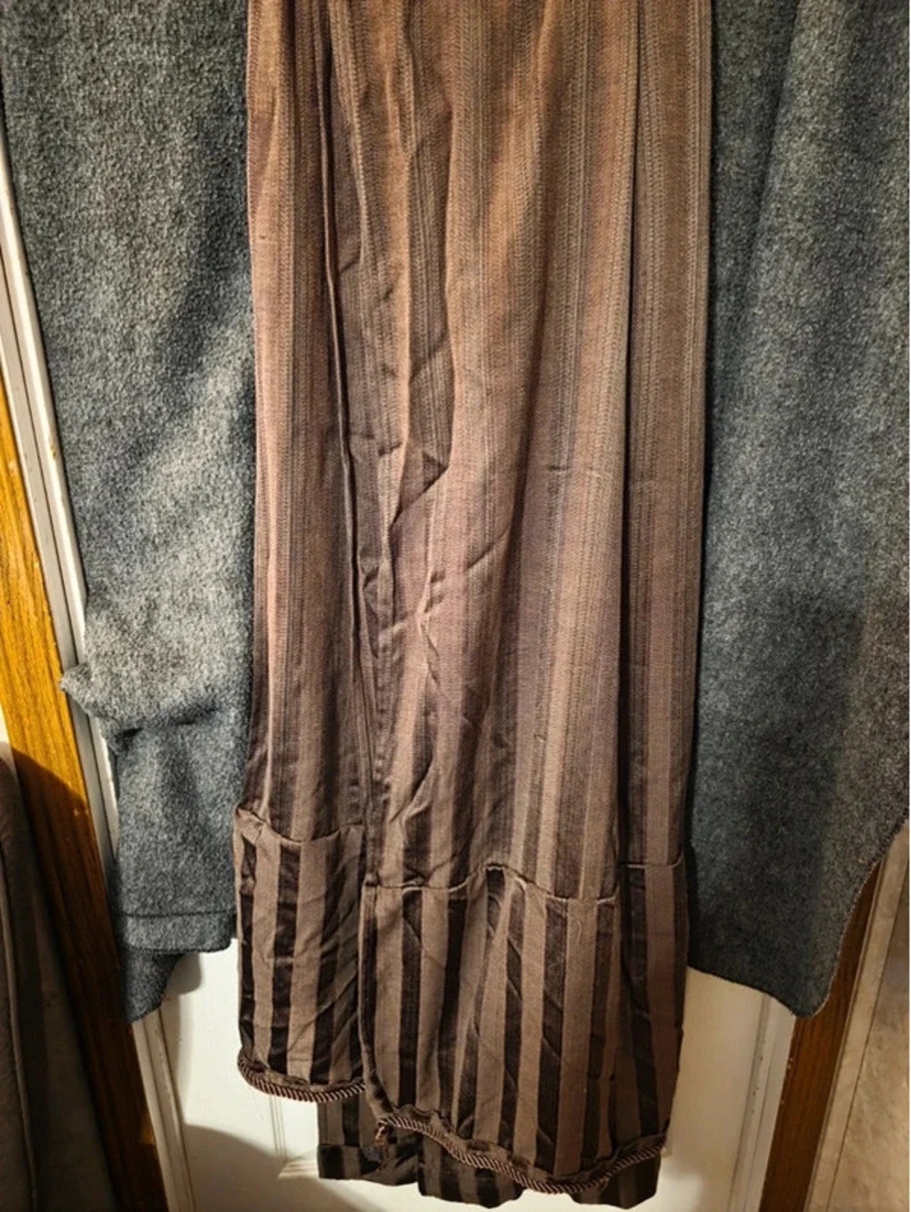 Vintage Traditional Brown Tonal Stripe Curtain Panel Drapes Corded Trim Set